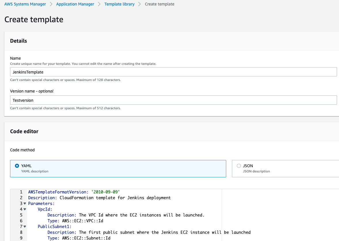 The Details section of Create template is completed as described in the post. In Code editor, under Code method, YAML is selected and the content of the CloudFormation template for Jenkins deployment is displayed.