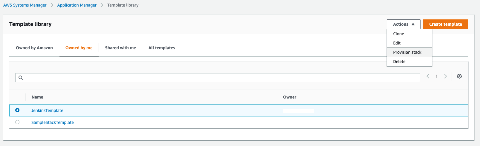 On the Template library page, the Owned by me tab is selected and Provision stack is highlighted in the Actions list. The JenkinsTemplate is selected.