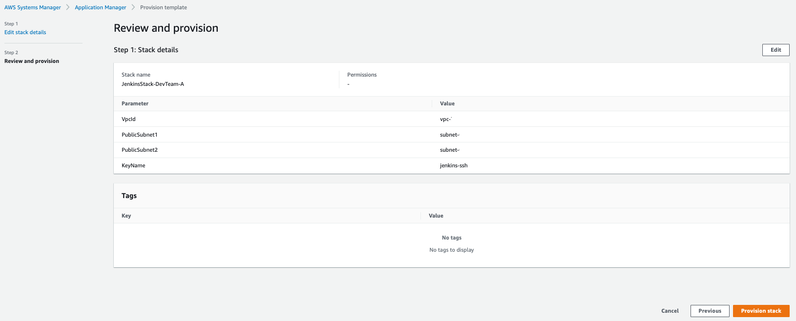 Review and provision page displays the stack name (JenkinsStack-DevTeam-A) and parameters entered on Edit stack details.