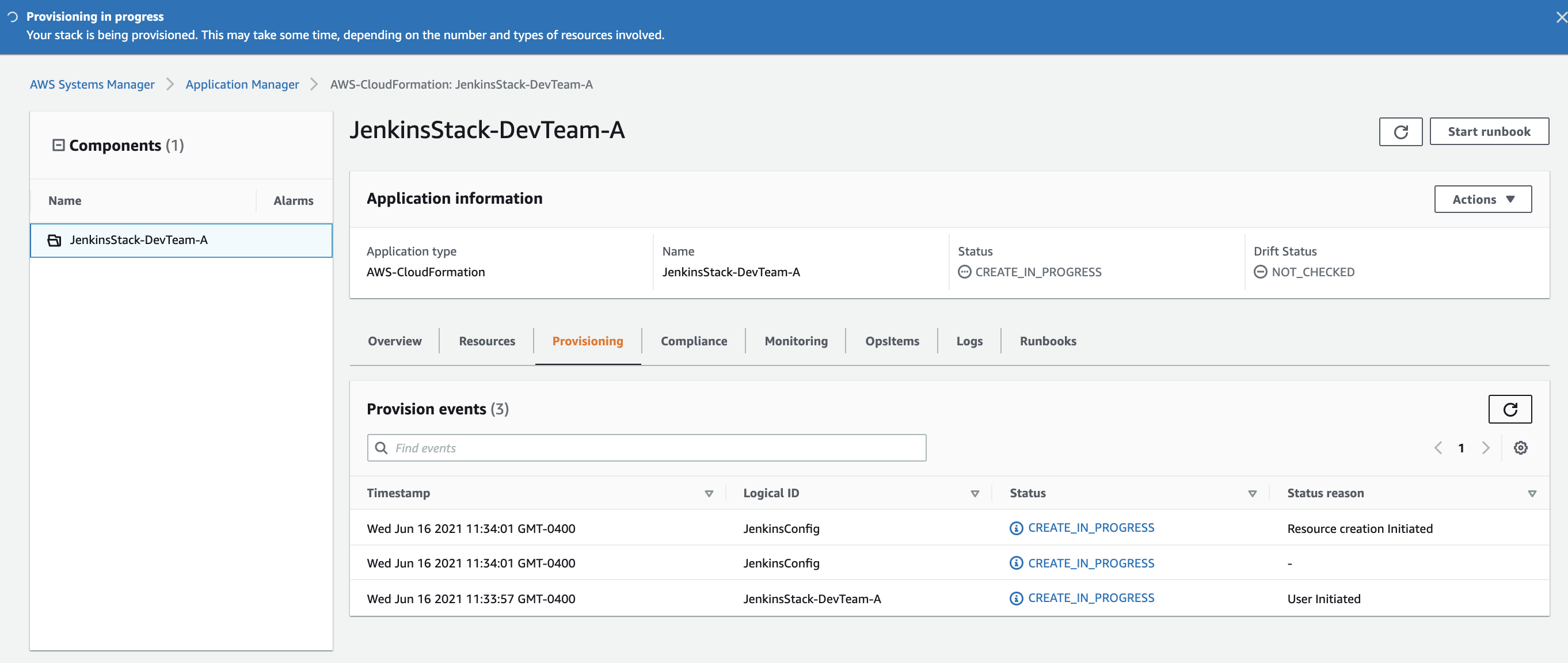 The JenkinsStack-DevTeam-A details include application type (AWS-CloudFormation), name, status (CREATE_IN_PROGRESS), and drift status (NOT_CHECKED). Under Provision events, all displayed events have a status of CREATE_IN_PROGRESS.