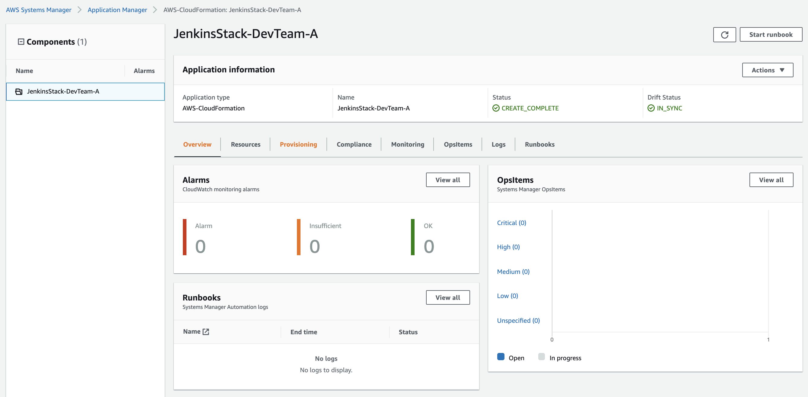 The Overview tab of the JenkinsStack-DevTeam-A details page displays Alarms, Runbooks, and OpsItems sections.