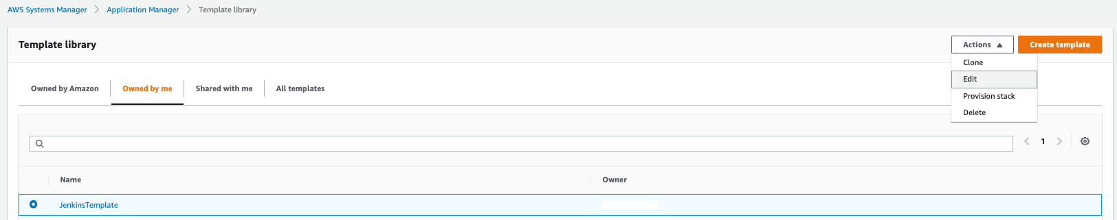 On the Template library page, on the Owned by me tab, JenkinsTemplate is selected. Under Actions, Edit is highlighted.