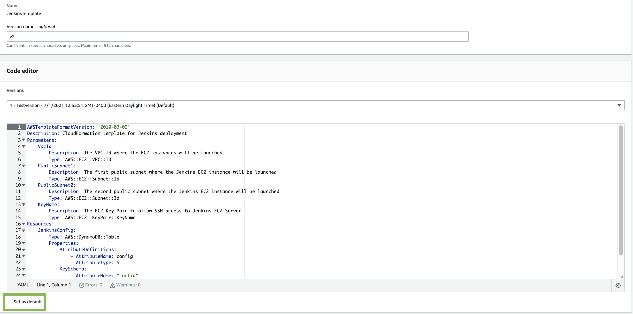 In Code editor, the Jenkins CloudFormation template is displayed. The Set as default checkbox is cleared.