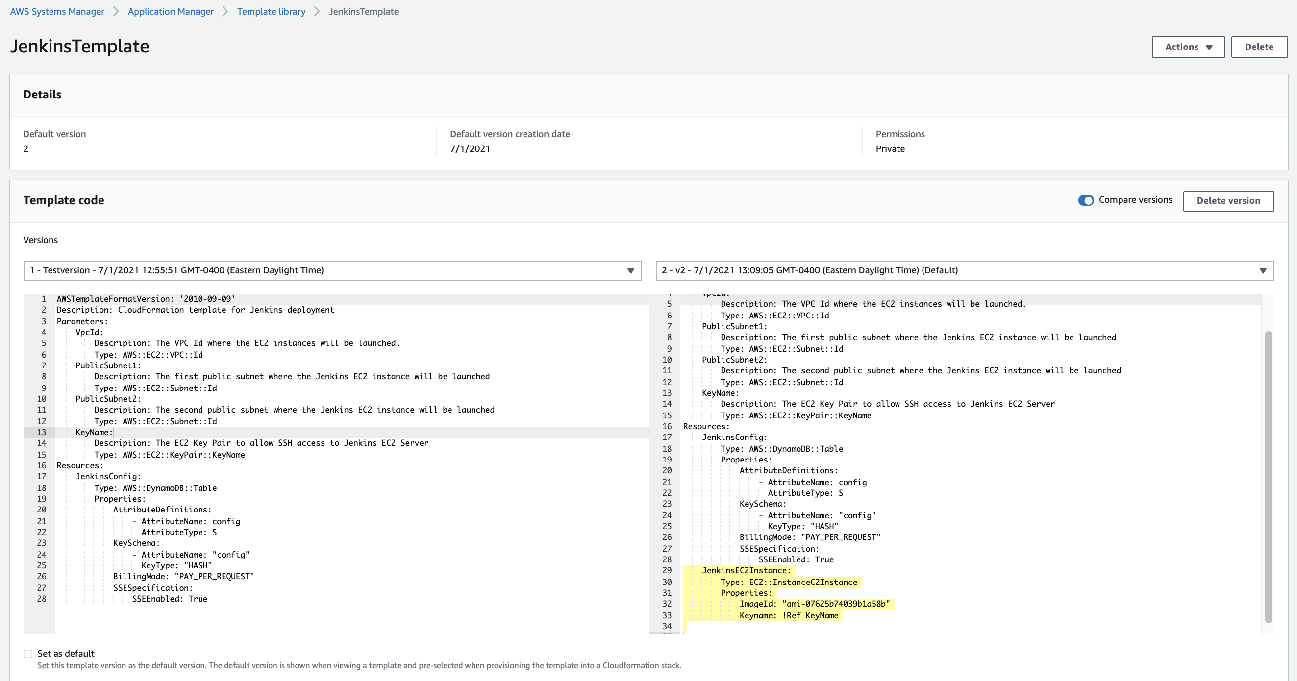 In the Template code section, the TestVersion (default) and JenkinsEC2resource versions of the template are displayed side by side.