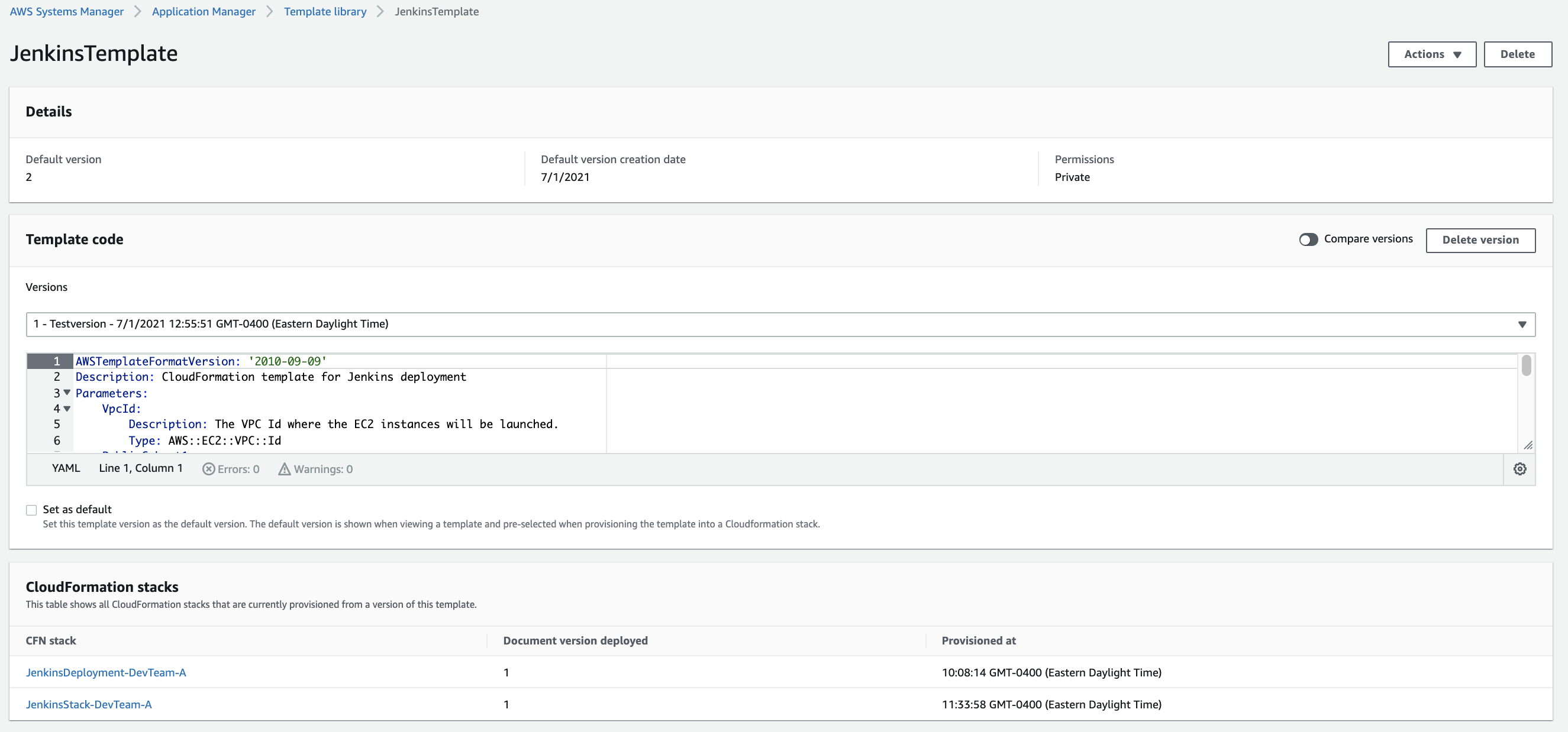 On the JenkinsTemplate page, in CloudFormation stacks, there are two template versions displayed: JenkinsStack-DevTeam-A and JenkinsDeployment-DevTeam-A