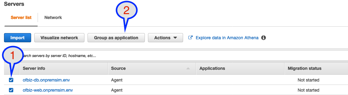 The Server list tab displays Import, Visual network, and Group as application buttons and an Actions menu. There are two servers displayed in the list, both with a Source of Agent and a Migration status of Not Started.