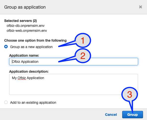 Group as application displays the two selected server and displays options to group them a new application or add them to an existing application. In this example, the Group as a new application option is selected. In Application name, Ofbiz Application is entered.