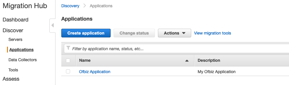 Applications page provides Create application and Change status buttons and an Actions menu. The Ofbiz application is displayed in the list.