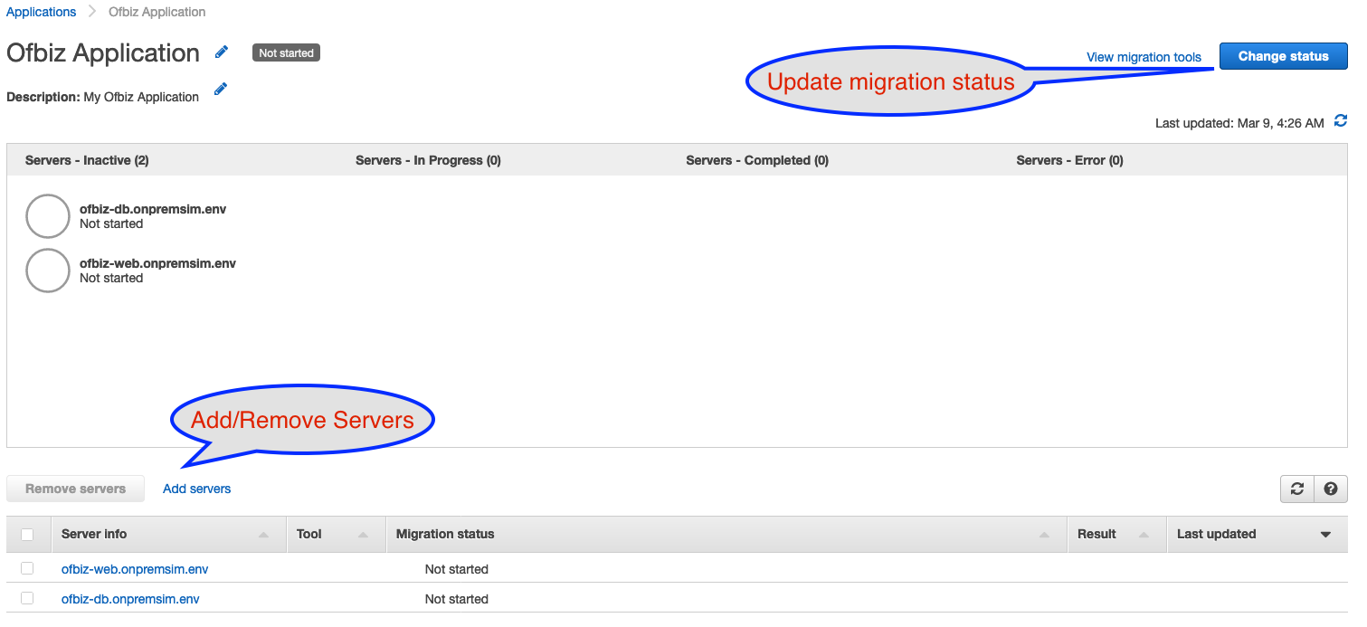 Details page for Ofbiz application displays the servers, both of which have a migration status of Not started. There is a Change status button and a View migration tools link.