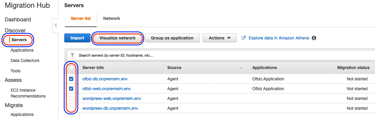 Server list tab displays Import, Visual network, Group as application buttons, an Actions menu, and an Explore data in Amazon Athena link. The two servers are selected in the list.