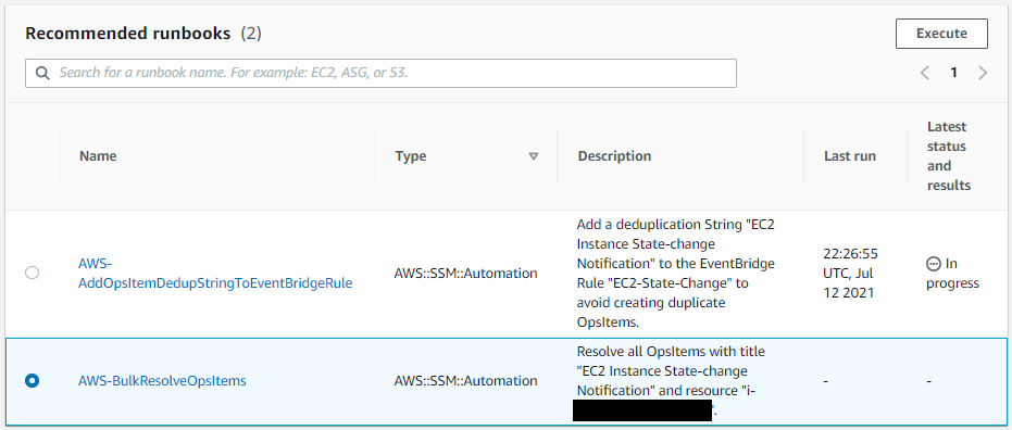 Under Recommended runbooks, AWS-BulkResolveOpsItems is selected.