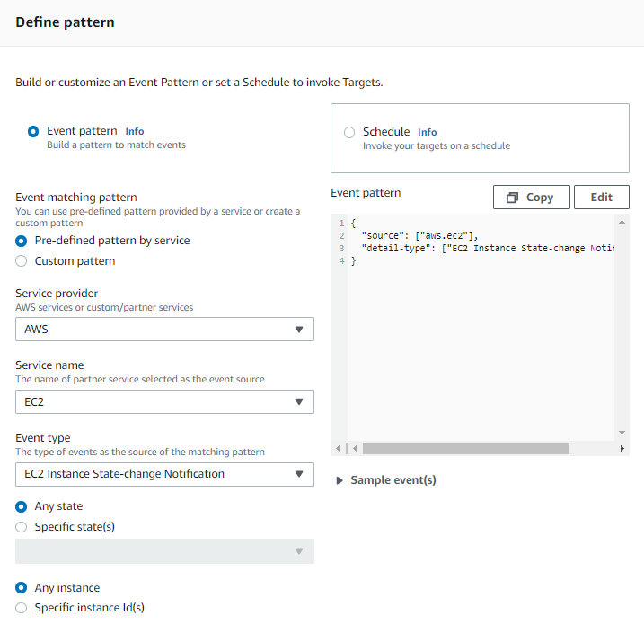 The fields for the EventBridge rule are set as described in the post.
