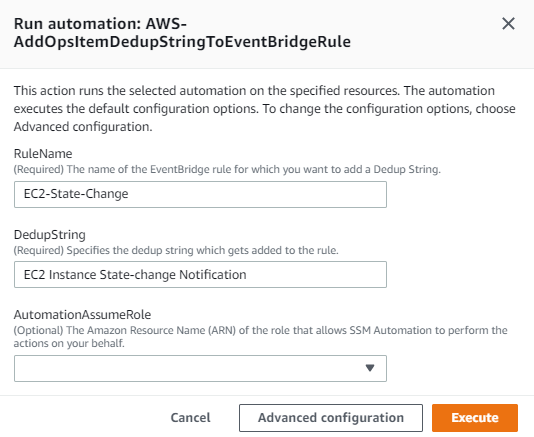 The RuleName value is EC2-State-Change. The DedupString value is EC2 Instance State-change Notification.