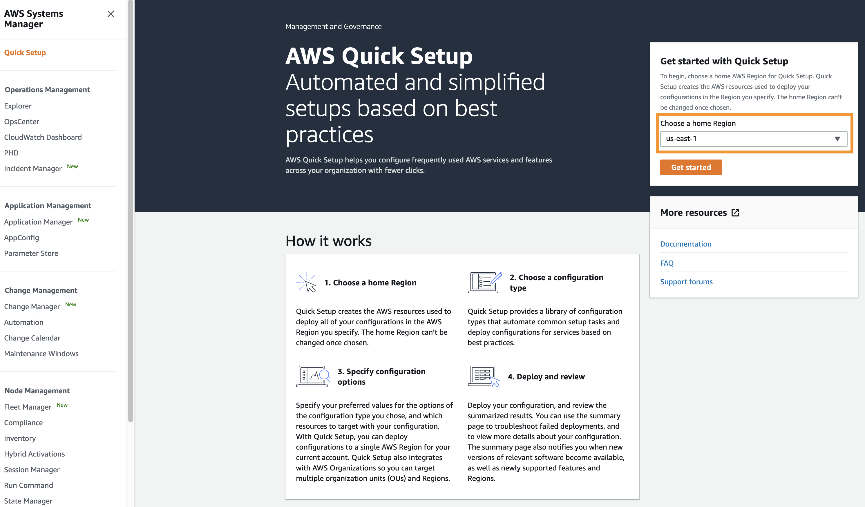 On the Systems Manager Quick Setup console, select the home region to get started