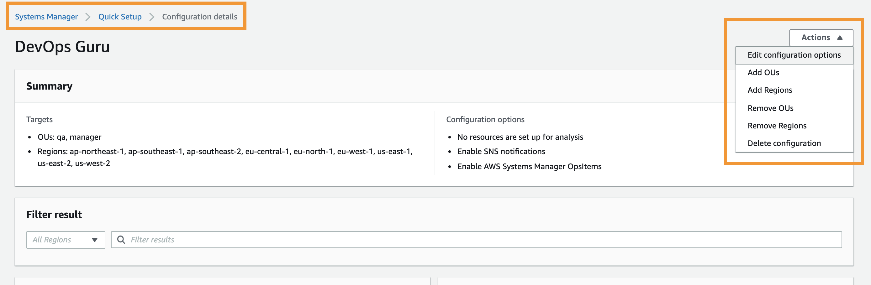 The Configuration details page displays a summary of the target OUs and regions. It also displays the configuration options you have chosen when you created the configuration. From this page, you can edit the configuration by editing the target OUs and regions