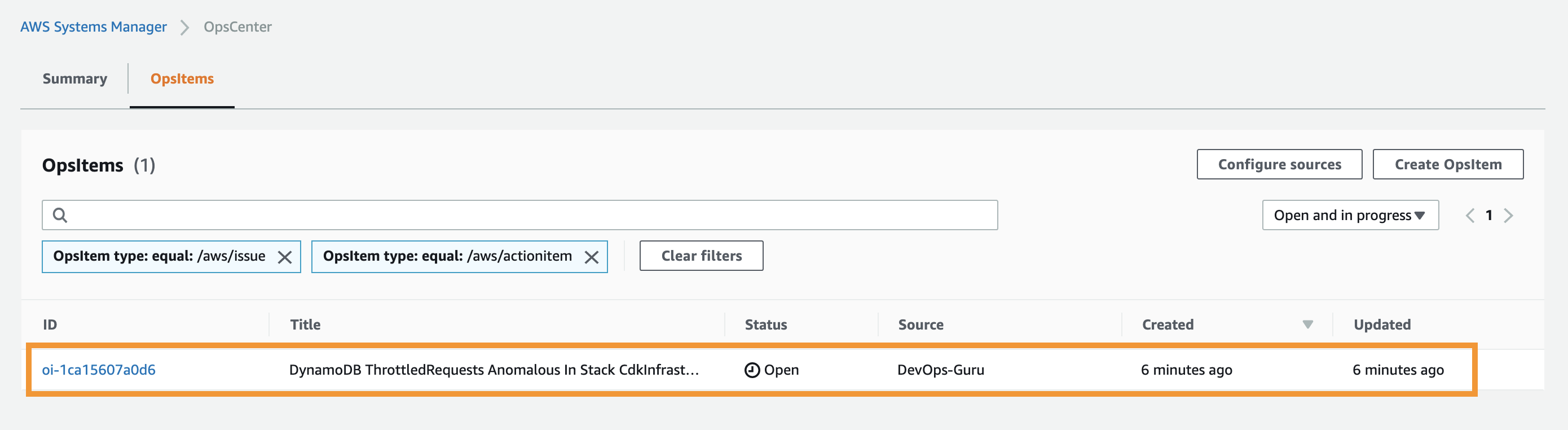 The OpsCenter console displays the OpsItem related to the DevOps Guru insight