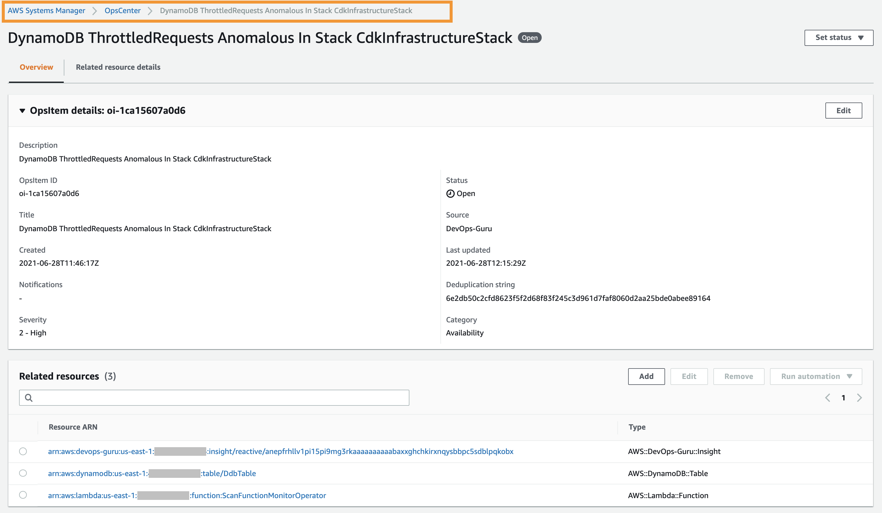 The OpsItem details page displays a description of the incident, title, creation date, severity, status, source, and last updated date. It also contains links to the related resources