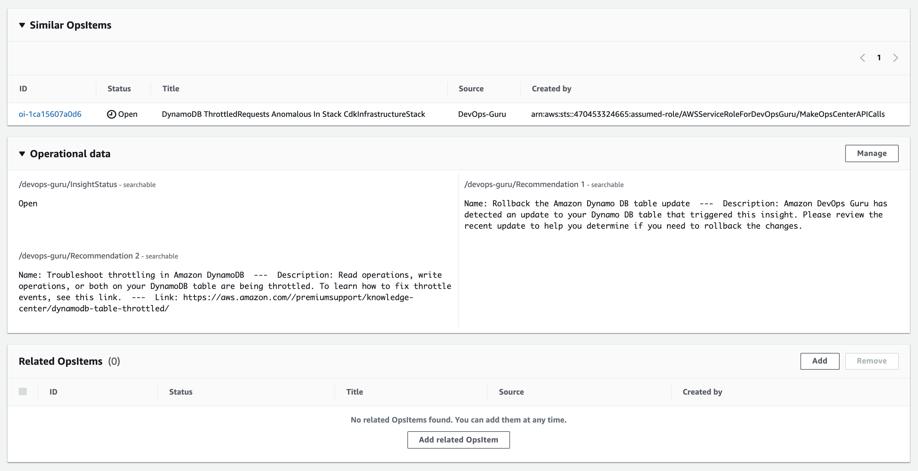 The OpsItem details page displays a list of other OpsItems that are potentially related to the current issue