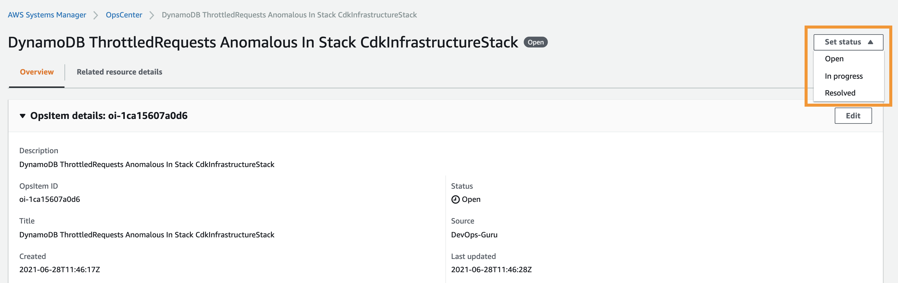 The OpsItem details page display an option to update its status to open, in progress, or resolved