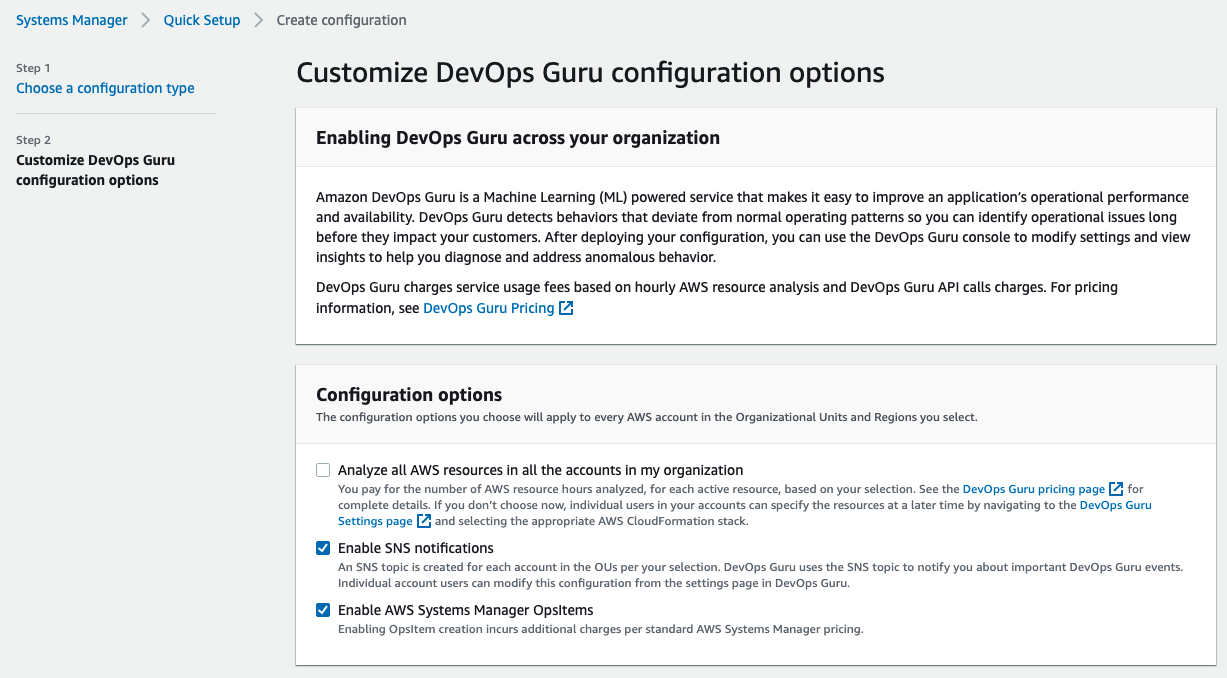 The Configuration options section displays options to select whether you want Quick Setup to enable SNS notifications and Systems Manager OpsItems