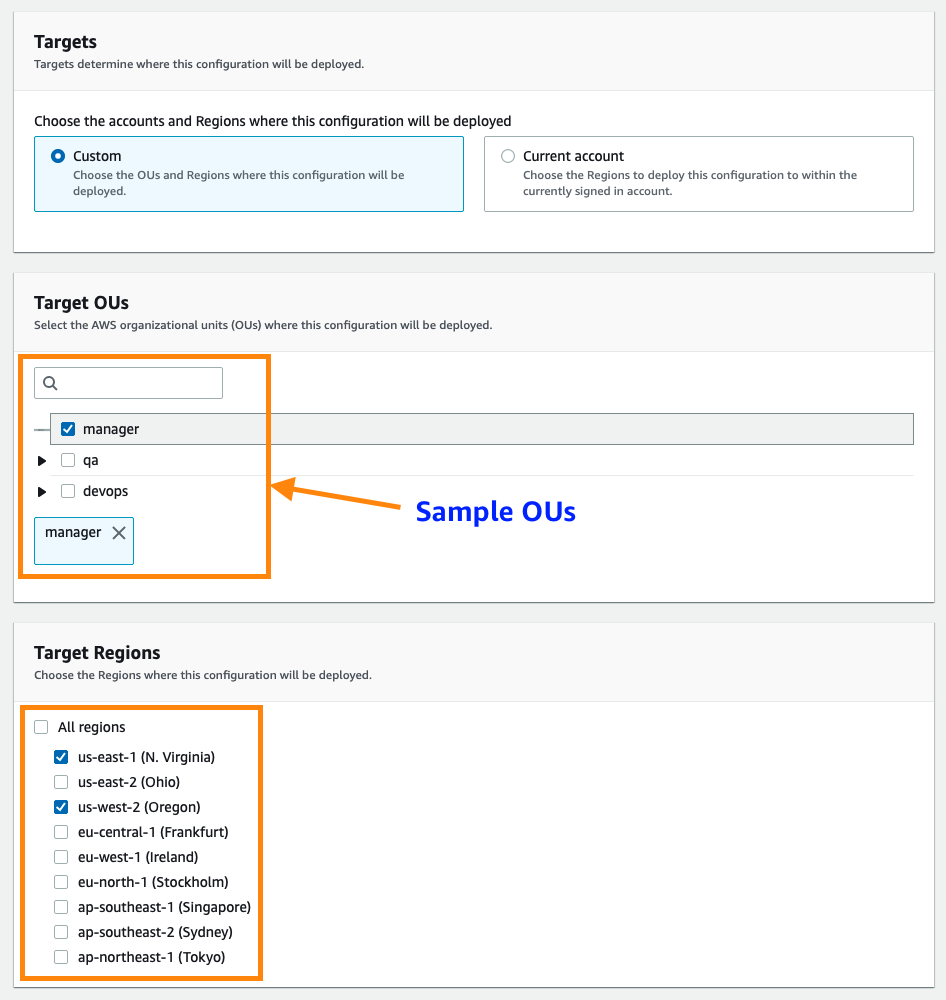 Under the Targets section, you can select the option to apply the configurations only on the current account, or select the custom option to choose which OUs and Regions Quick Setup will deploy the configurations