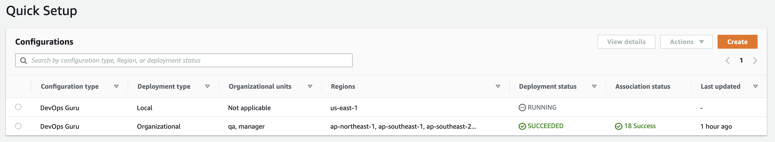 On the Quick Setup console, you can visualize a list of all the configurations you have created, including information about the configuration type, OUs, regions, and deployment status