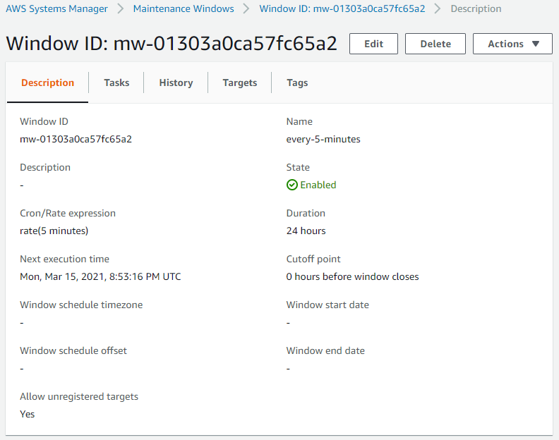 The details page for the window includes its ID, name, state (in this example, Enabled), cron/rate expression, duration, next execution time, and more.