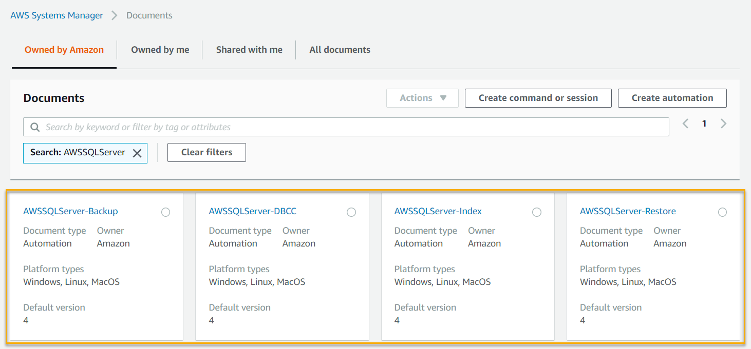 On the Owned by Amazon tab of the Documents page, the four Automation documents are displayed: AWSSQLServer_Backup, AWSSQLServer-DBCC, AWSSQLServer-Index, AWSSQLServer-Restore.