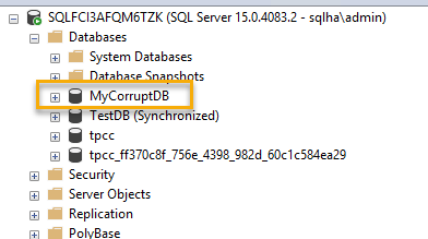 Under Databases, MyCorruptDB is highlighted.