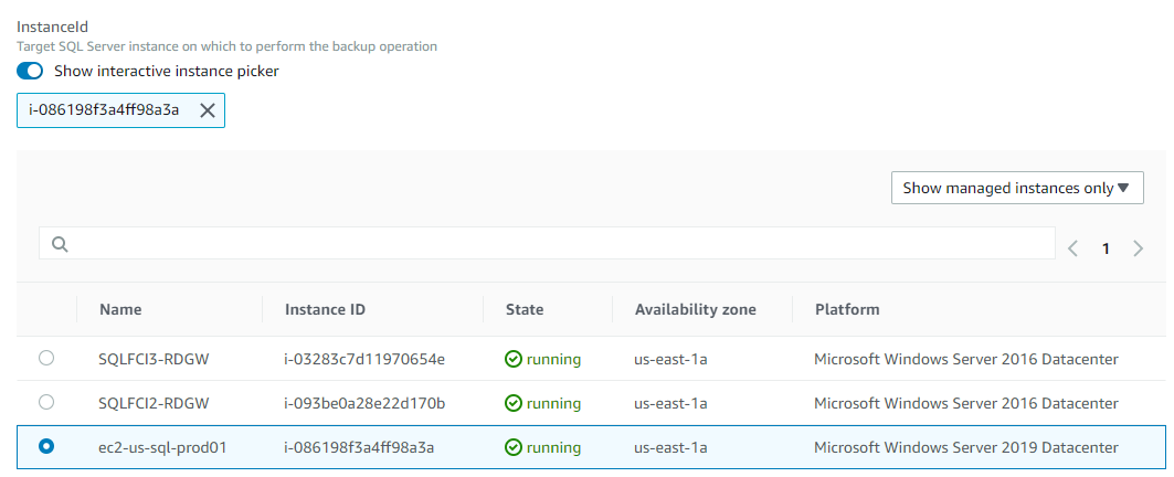 Under Input parameters, the Show interactive instance picker option is selected. In the list of managed instances, ec2-us-sql-prod01 is selected.