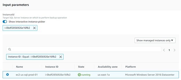 Under Input parameters, the Show interactive instance picker option is selected. In the list of managed instances, ec2-us-sql-prod01 is selected.