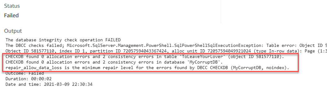 CHECKDB output is highlighted. It found 0 allocation errors, 2 consistency errors in the table, and 2 consistency errors in the MyCorruptDB database.