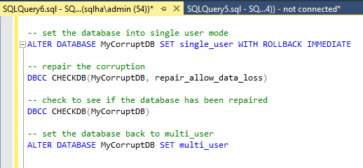 SSMS Query window showing DBCC statements to repair corruption.