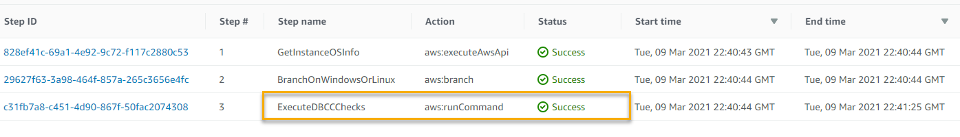 Automation console output shows all steps succeeded.