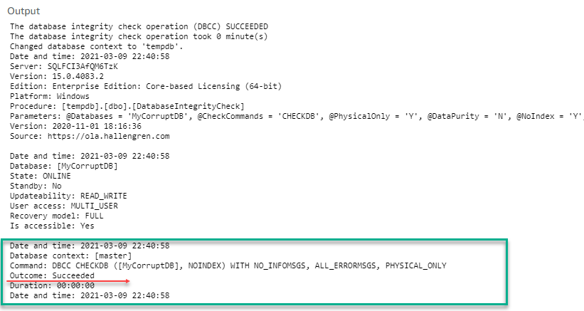 detailed step output showing success of repair.