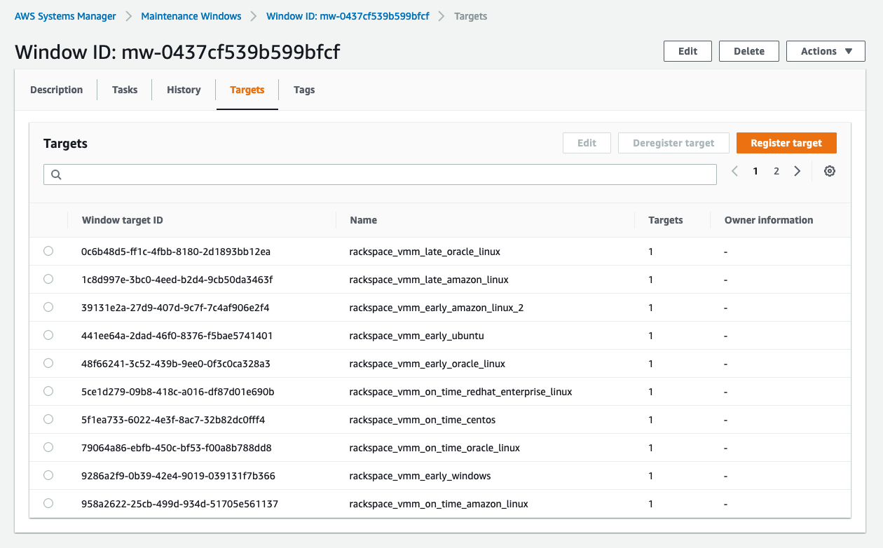 The Targets page for the window ID displays targets by ID, name, owner information, and more.