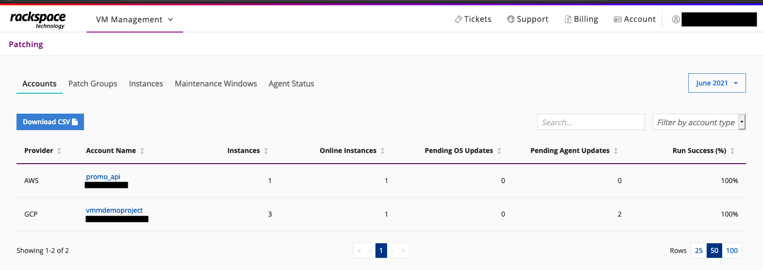 Patching table displays provider, account name, instances, online instances, pending OS updates, pending agent updates, and run success.