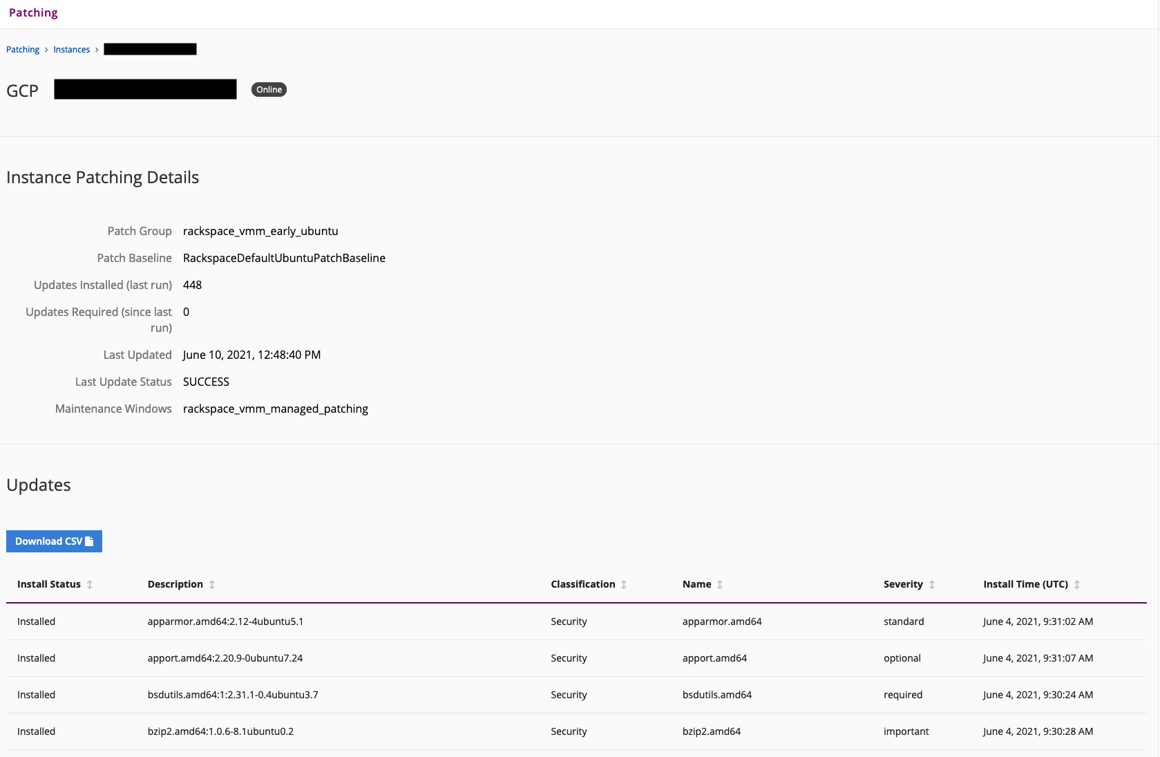 Updates table displays install status, description, classification, name, severity, and install time.