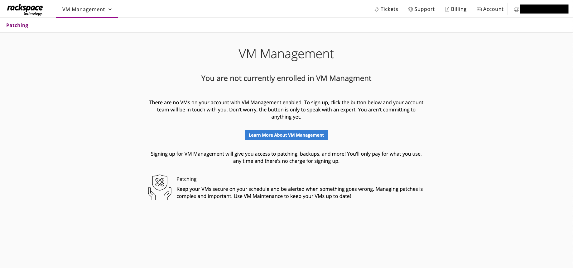 The text on the page says there are no VMs on your account with VM Management. There is a Learn More About VM Management button on the page.