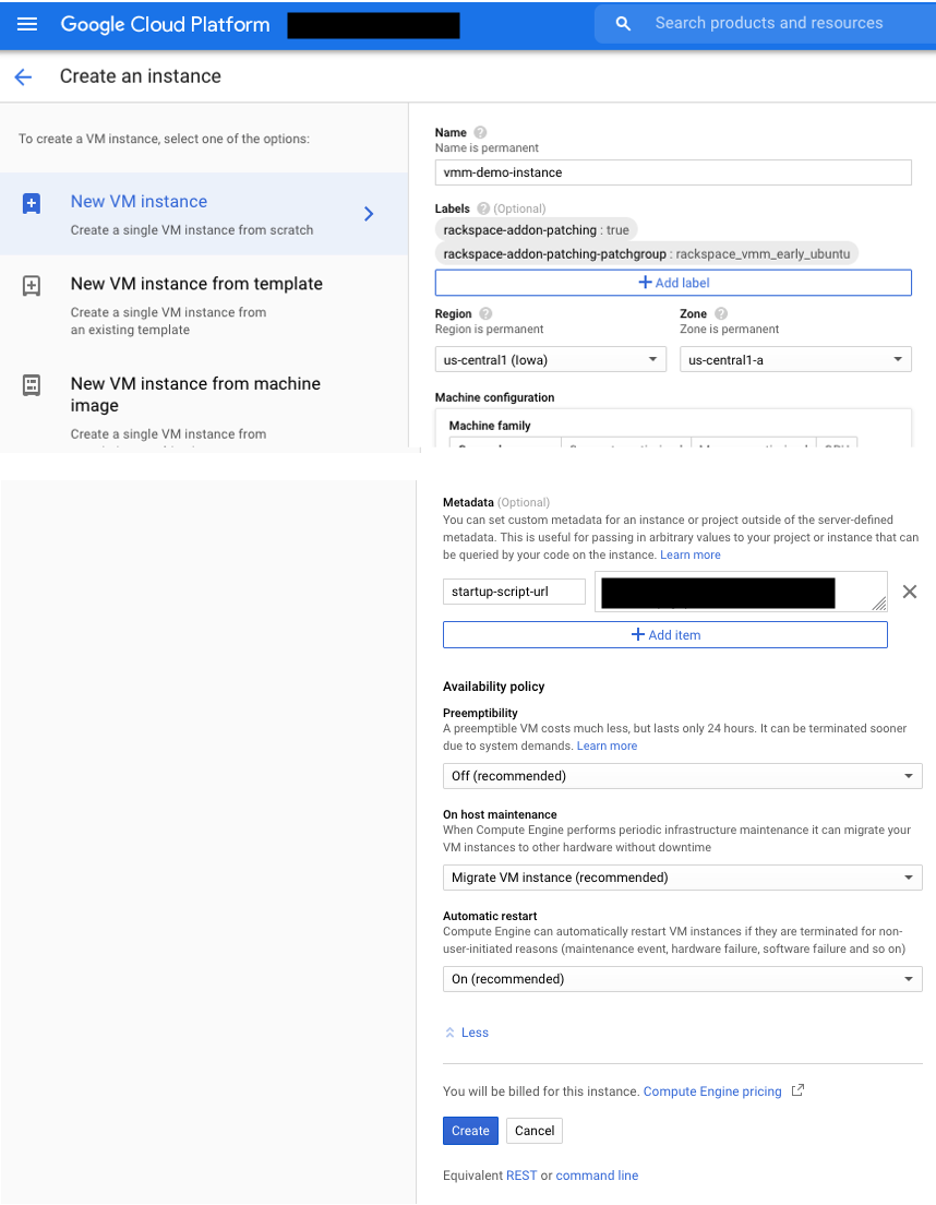 The Create an instance page in Google Cloud Platform displays fields for name, labels, Region, zone, metadata, and more.