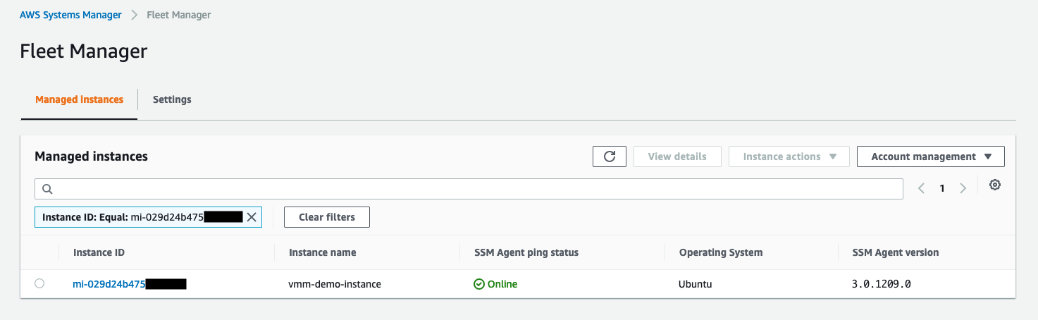 The Fleet Manager page of the Systems Manager console includes tabs for Managed instances and Settings. The Managed instances tab is selected and displays the instance ID, instance name, SSM Agent ping status (in this example, Online), operating system (Ubuntu), and SSM Agent version. 