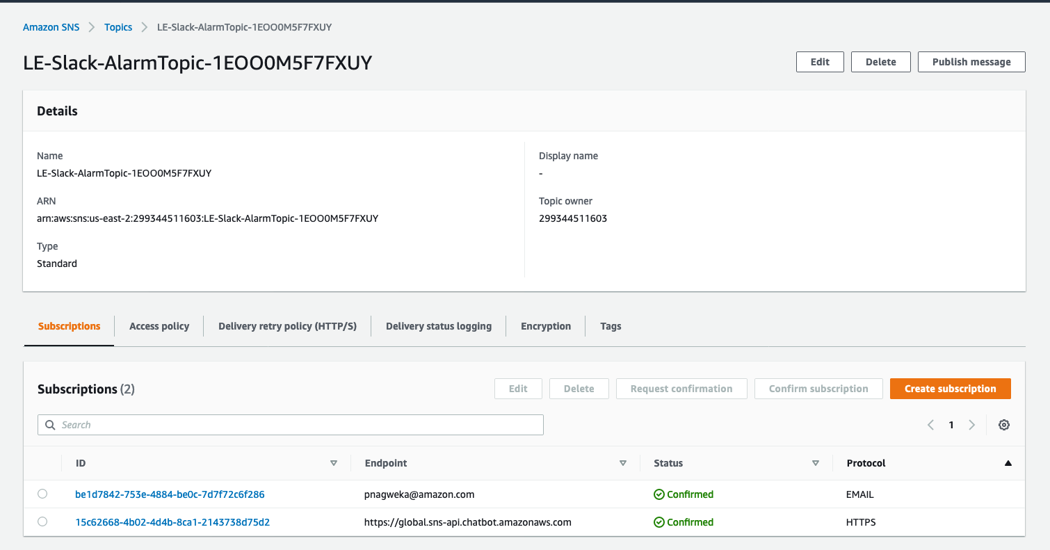 In Subscriptions, the SNS topic is configured for email and HTTPS (AWS Chatbot). 