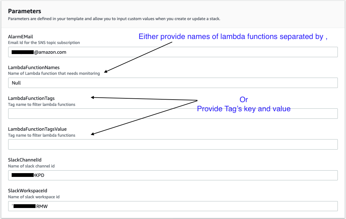 Parameter screen for cloudformation shows parameters to enter. You can either provide names of lambda functions separated by a comma in the LambdaFuctionNames parameter or you can provide Tag's key and value in the LambdaFunctionTags and LambdaFunctionTagsValue parameters respectively.