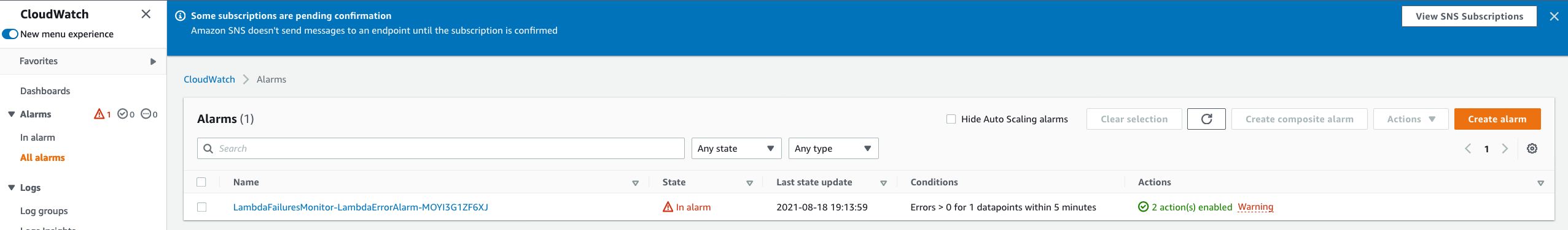 Figure 8: CloudWatch alarm