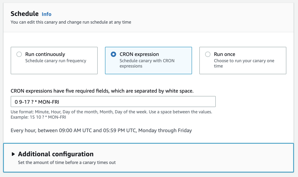 In Schedule, the CRON expression option is selected. The CRON expression is entered as described in the post.