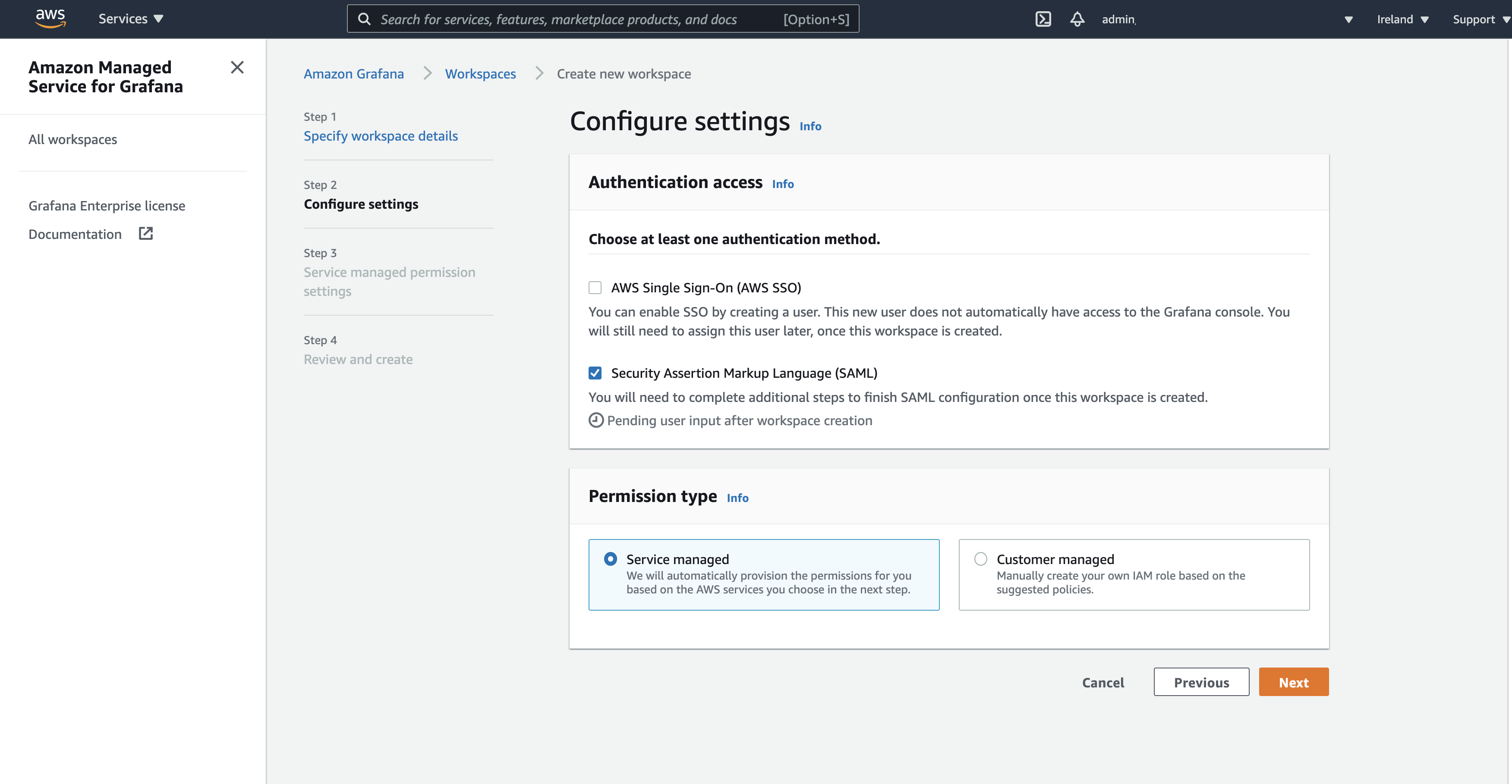 The Configure settings page displays two options for authentication method: AWS SSO and SAML.