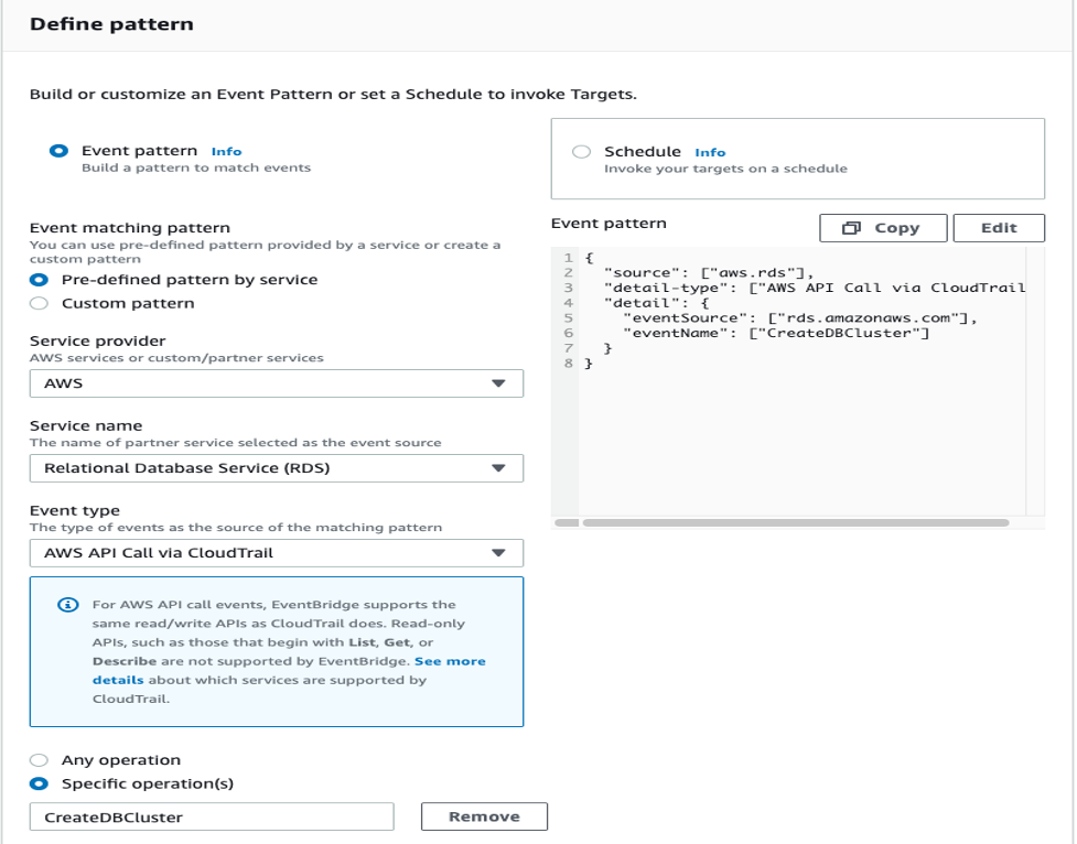 The fields of the Define pattern page are completed as described in the post.