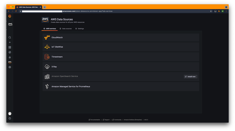 List of AWS datasources on Amazon Managed Grafana