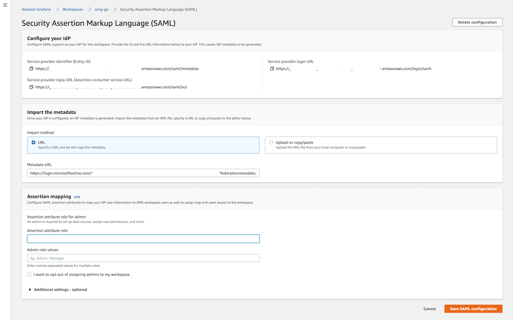 SAML metadata configuration in Amazon Managed Grafana