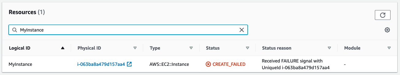 The resources are displayed in a table with columns for logical ID, physical ID, type, status (in this example, CREATE_FAILED), status reason, and module.